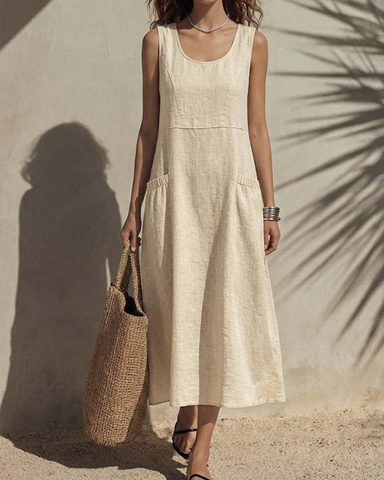 U-Neck Pocket Sleeveless Solid Dress