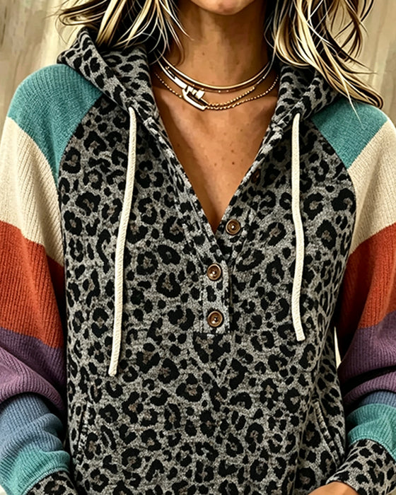 Leopard Color-Block Button Hoodie