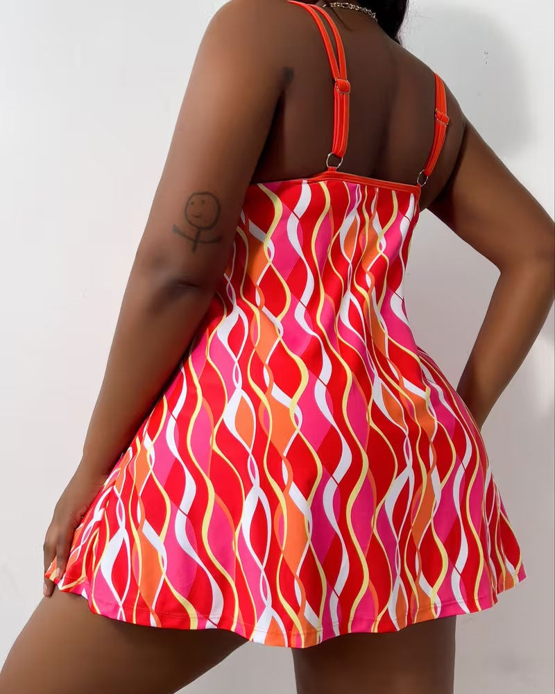 Wavy Striped Suspender A Swing Swim Dress