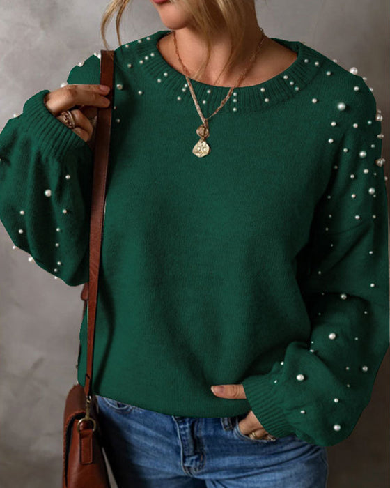 Beaded Long Sleeve Crew Neck Pullover