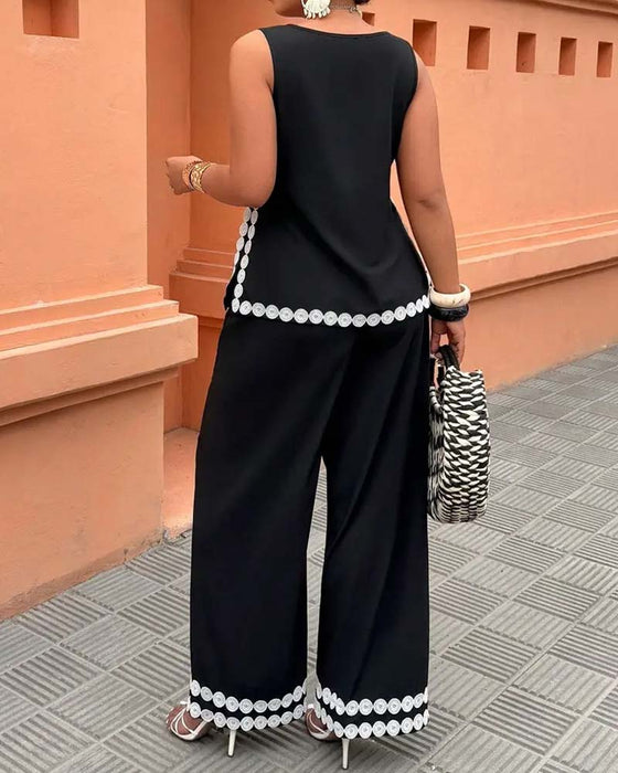 Sleeveless Crew Neck Top Wide Leg Long Pants Set