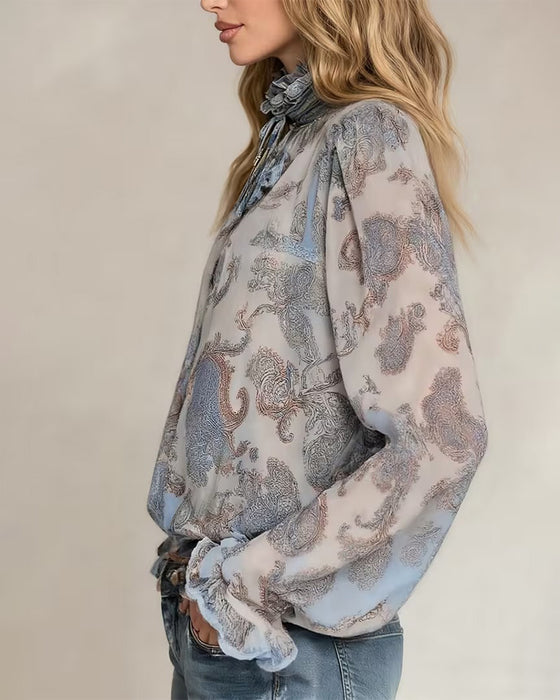 Lace Edge Drawstring See-Through Blouse