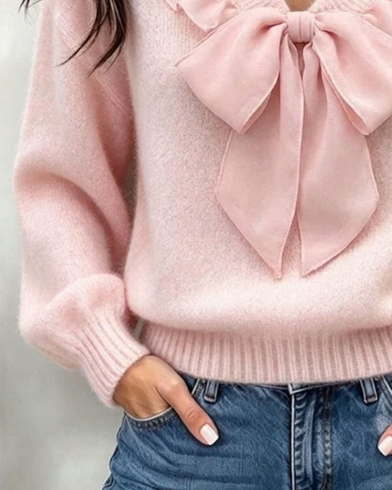 V-Neck Solid-Color Long-Sleeve Pullover With A Bow Detail