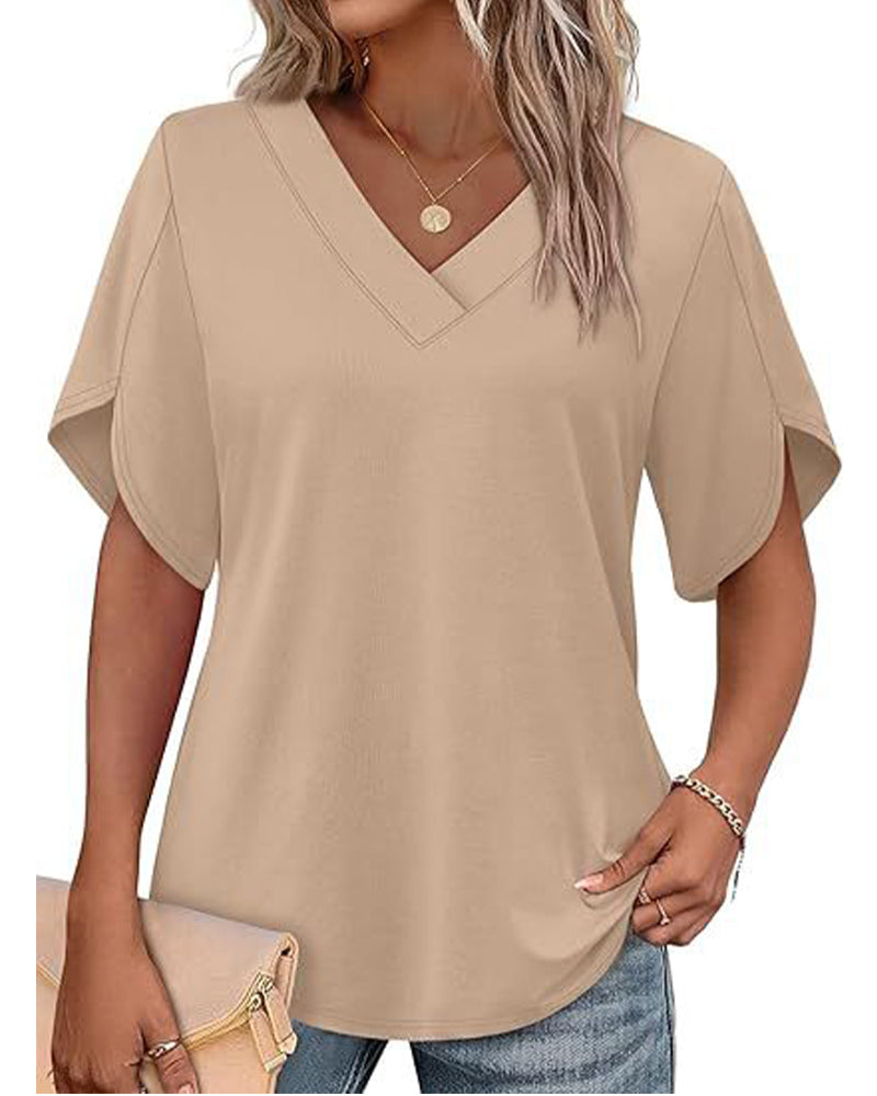 V-Neck Small Slit Short Sleeve Solid T-Shirt