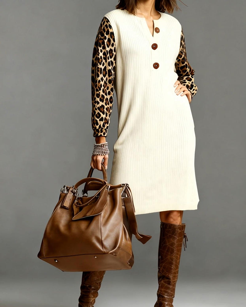 Leopard Print Patchwork Long-Sleeved Dress