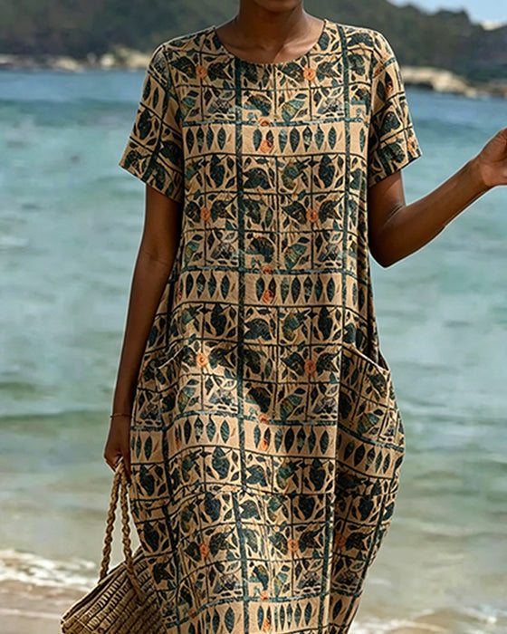 Vintage Crew Neck Pocket Dress