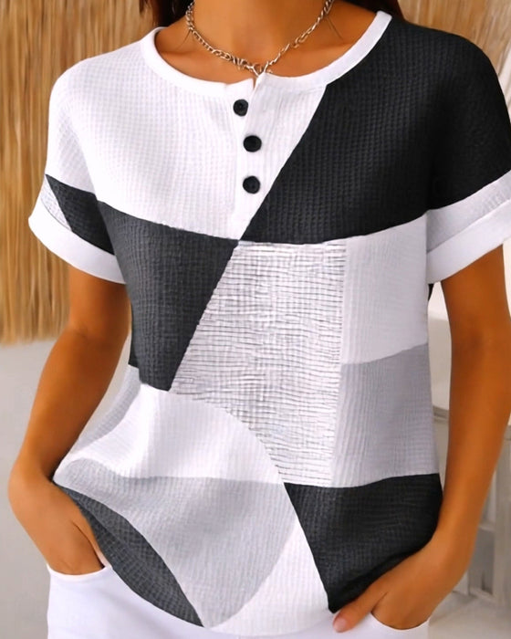 Crew Neck Button Color-Block Waffle Blouse