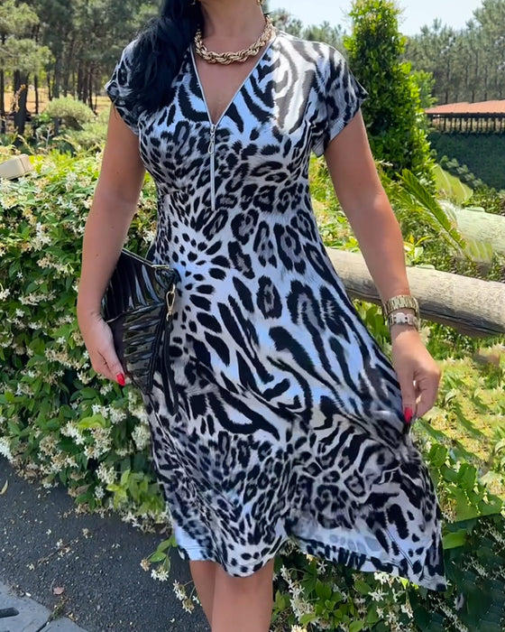 V-Neck Zip-Up Leopard Print Dress