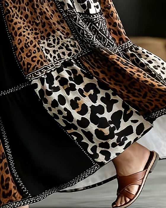 Patchwork Leopard Print Flared Skirt