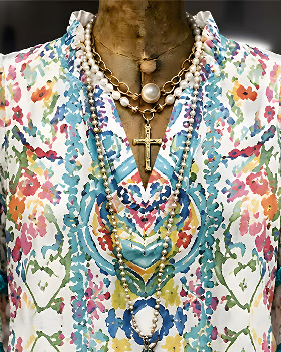 V-Neck Fringe Ruffle Ethnic Shirt