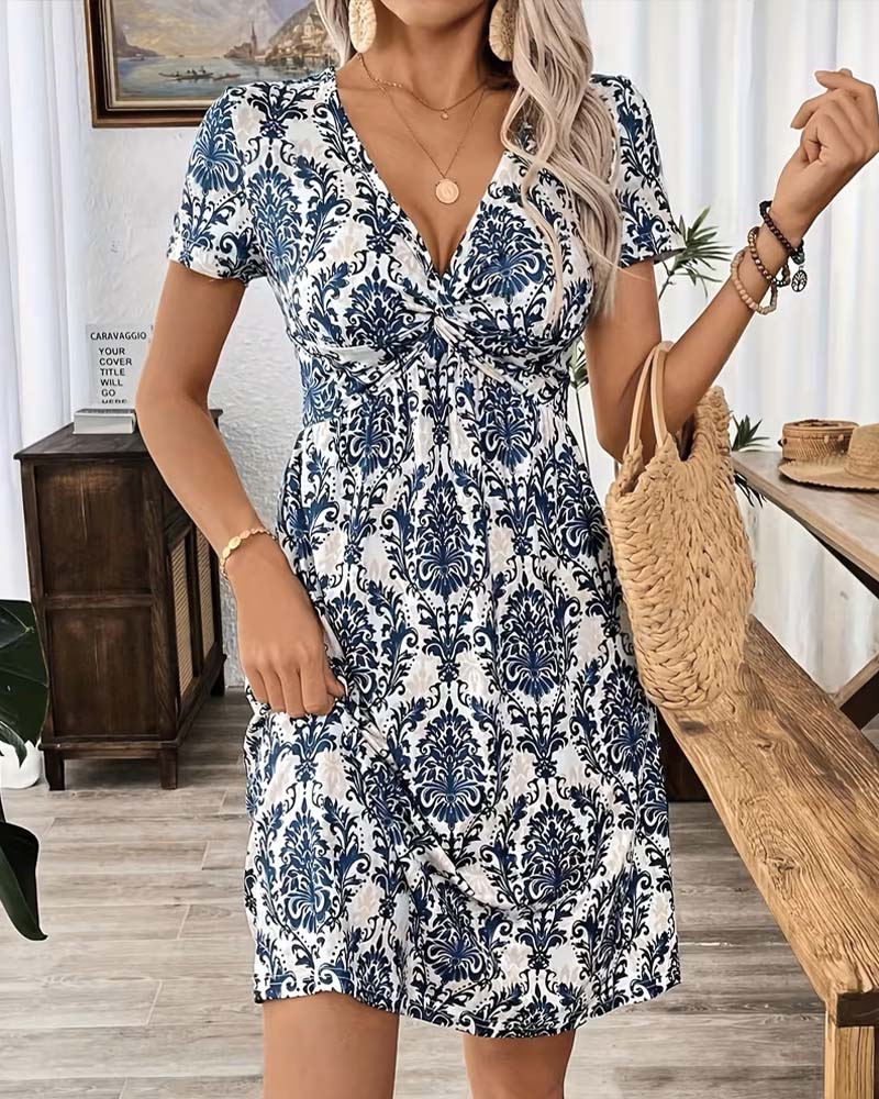 V-Neck Ruched High Waist Bohemian Dress
