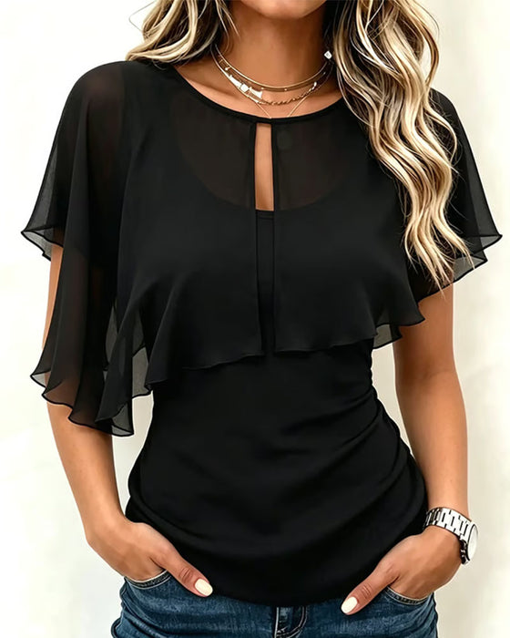 Hollow Out Suspenders Ruffled Solid Color Top