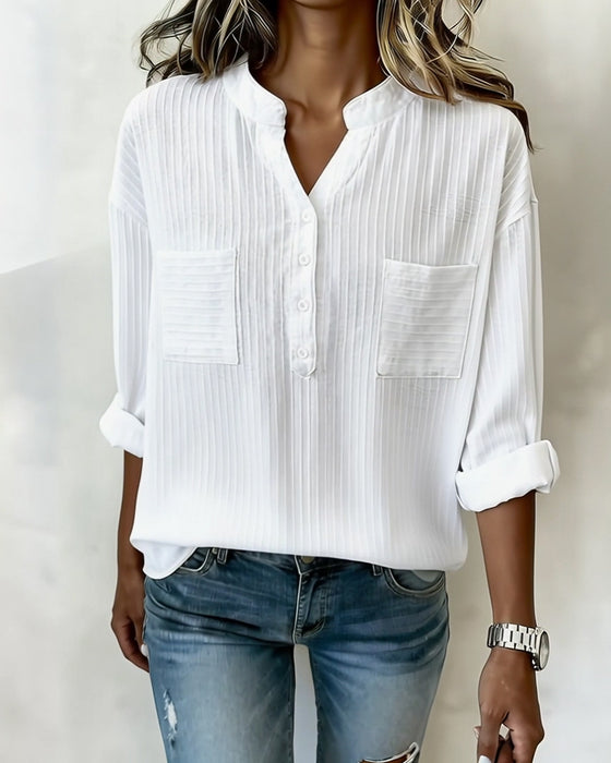 Vertical Waffle Henley Collar Double Pocket Shirt