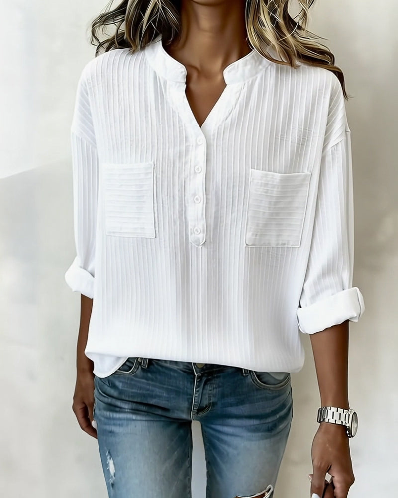 Vertical Waffle Henley Collar Double Pocket Shirt