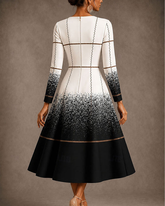 V-Neck Plaid Color Block Gradient Dress