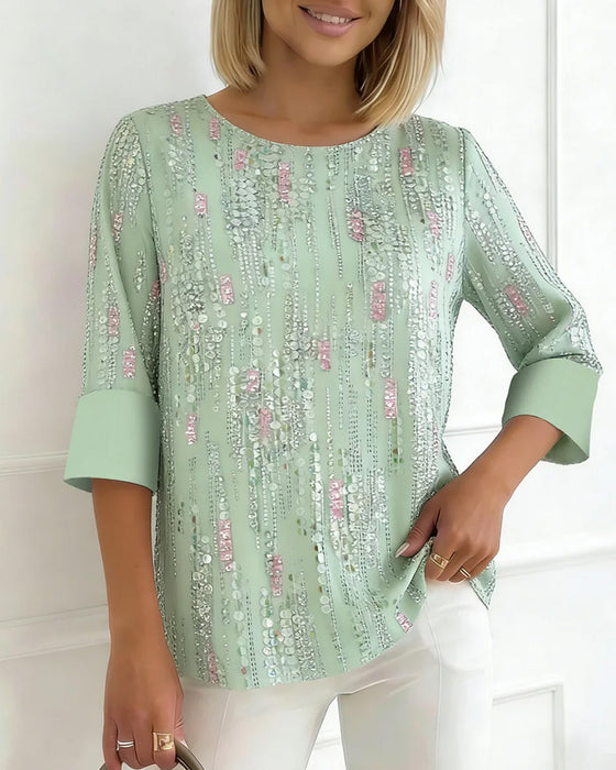 Casual Crewneck Print Half Sleeve Blouse