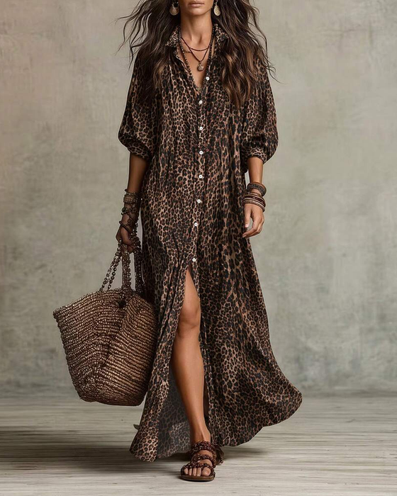 Shirt Collar Leopard Dress