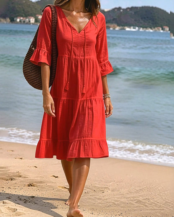 Flared Half Sleeve Tie Waist Dress