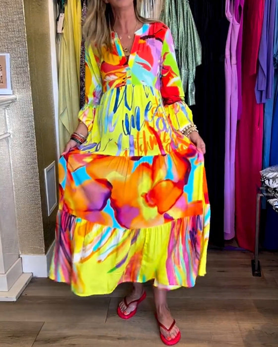 Flared Sleeve Printed Dress