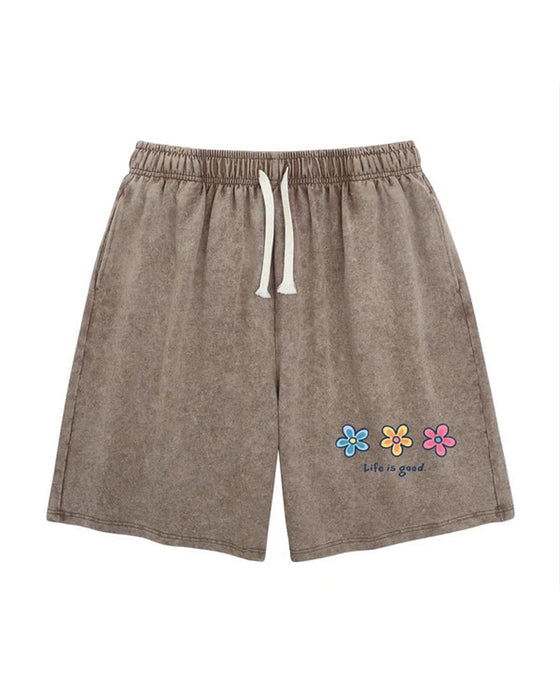 Flower Print Elastic Drawstring Shorts