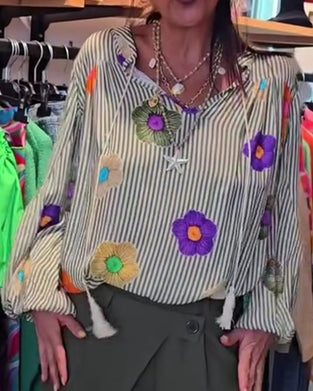 Stripe Floral Tie Blouses