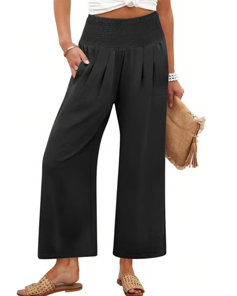 Solid High Waist Wide-Leg Pants