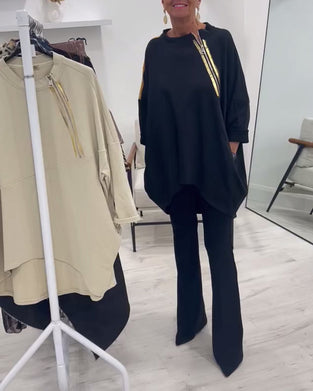 Side zipper pockets loose casual sweatshirt