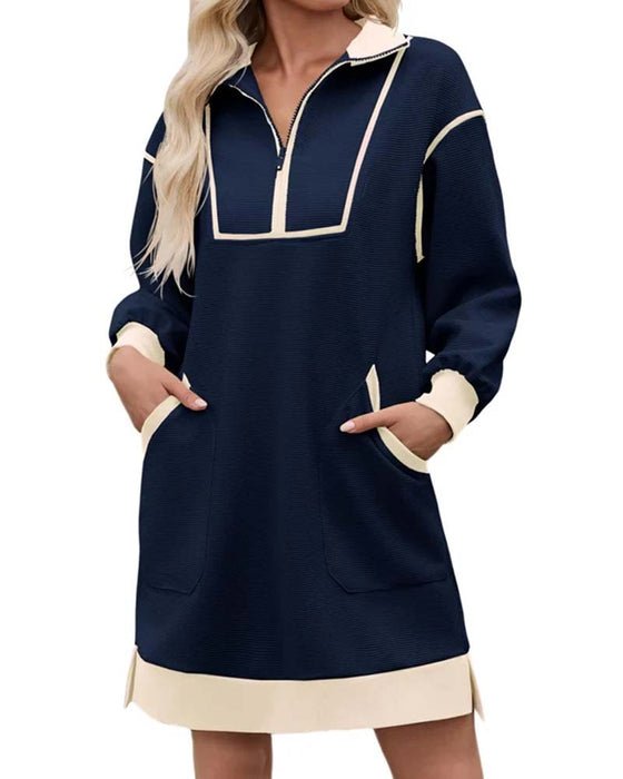 Half Zip Long Sleeve Color Block Short Dress