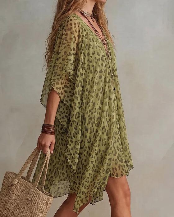Irregular V-Neck Leopard Dress