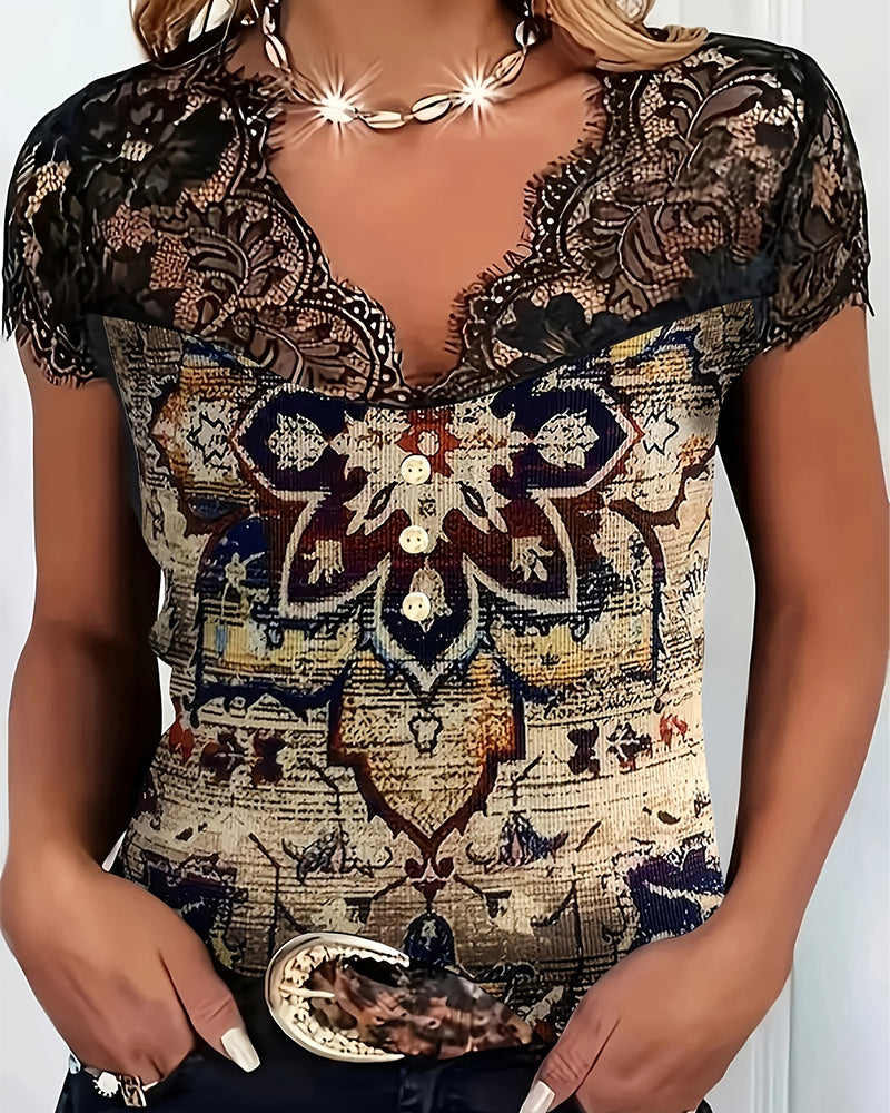 Lace-Trimmed V-Neck Retro Blouse