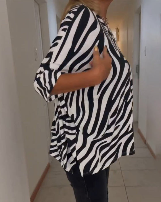 V-neck zebra print casual top