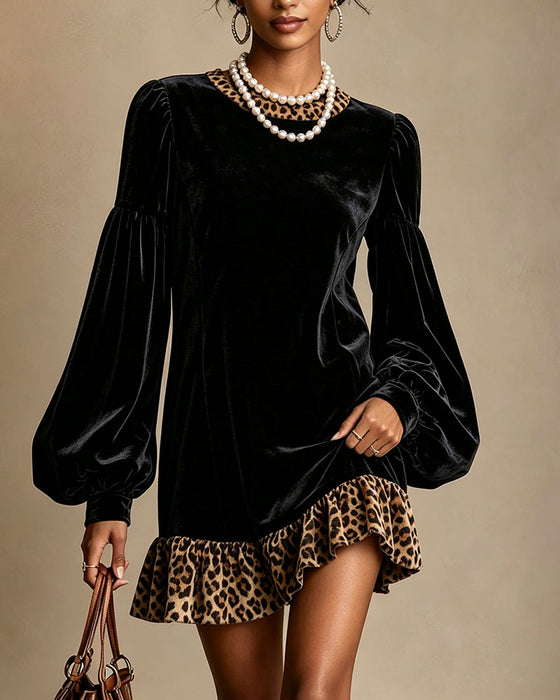 Round Neck Lantern Sleeve Leopard Print Dress