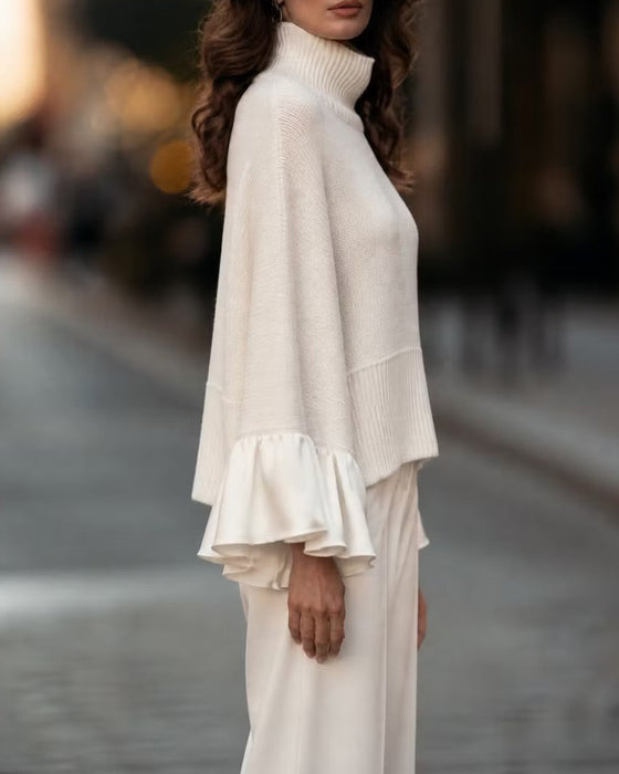 Turtleneck Patchwork Ruffled Sleeve Pullover