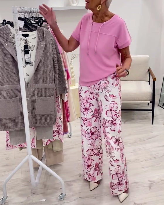 Round Neck Drawstring Solid Color Short Sleeve T-Shirt