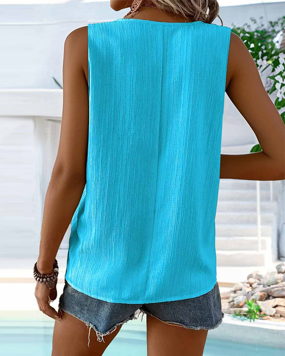 Sleeveless Button Pleated Solid Tank Top