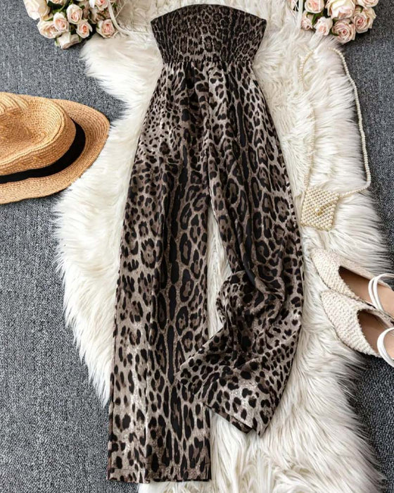 Strapless Leopard Print Wide Leg Waist-Cinching Jumpsuit