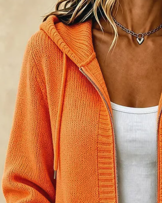 Hooded Zip Pocket Drawstring Sweater Coat