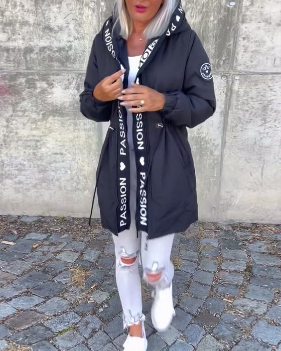 Casual letter print drawstring hooded coat