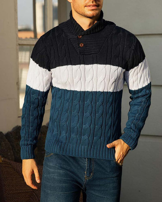 High Neck Button Contrast Men's Pullover