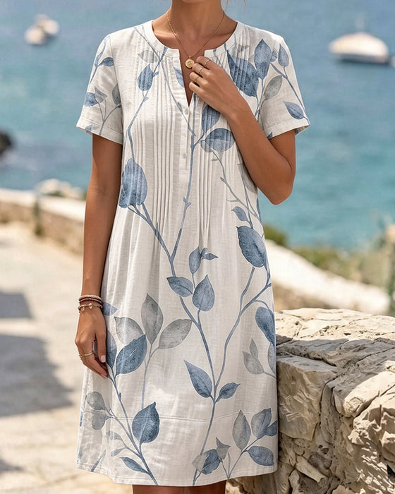 Ruched Leaf Print Short Sleeve Mini Dress