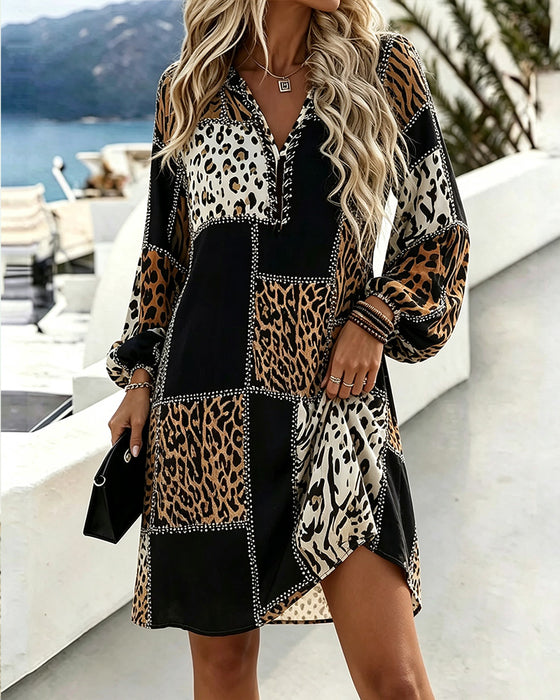 V-Neck Leopard Print Puff Sleeve Contrast Dress