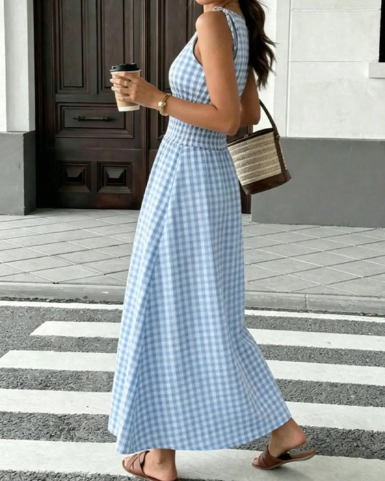 Lace-Up Plaid Suspender A-Line Dress