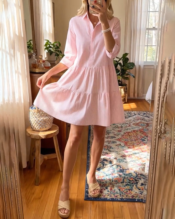 Shirt Collar Striped Patchwork Dress