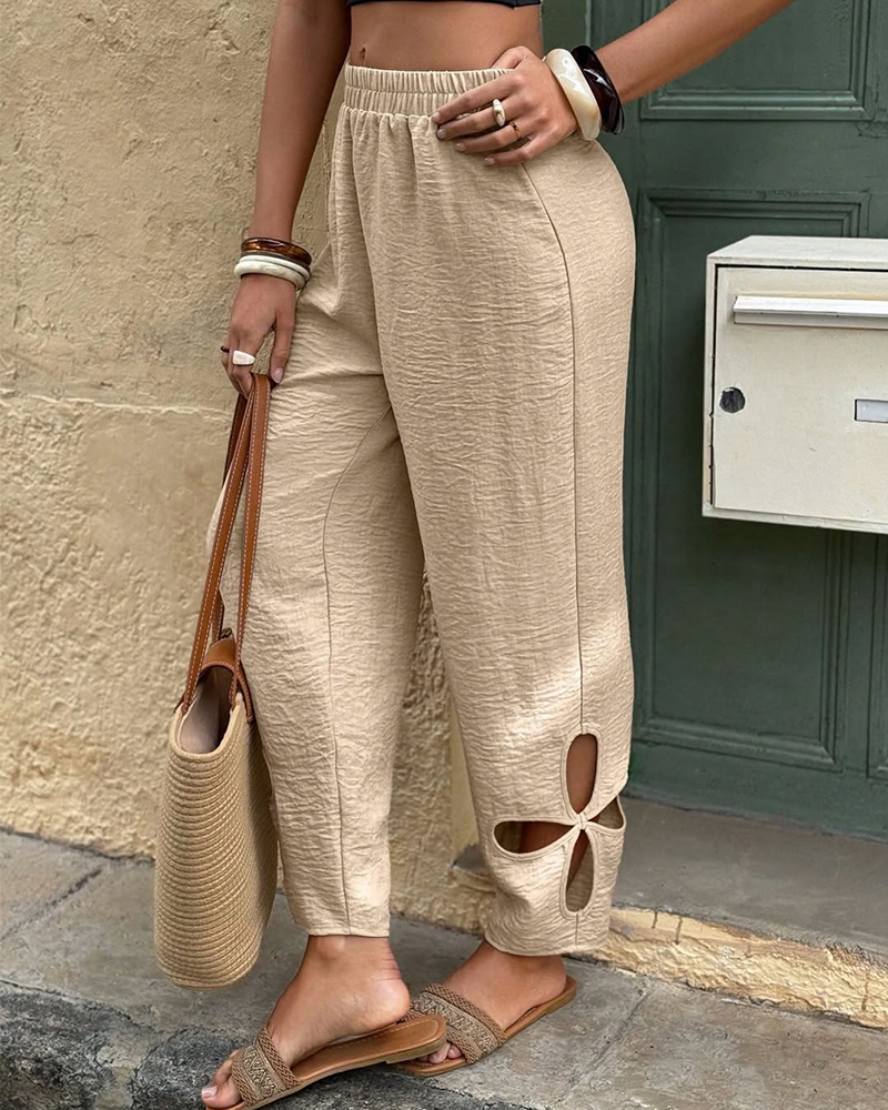 Textured Floral Pattern Cut-Out Hem Casual Pants