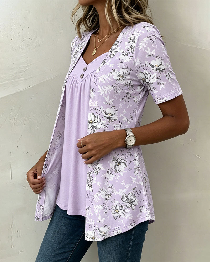 Floral Print Faux Two-Piece T-Shirt