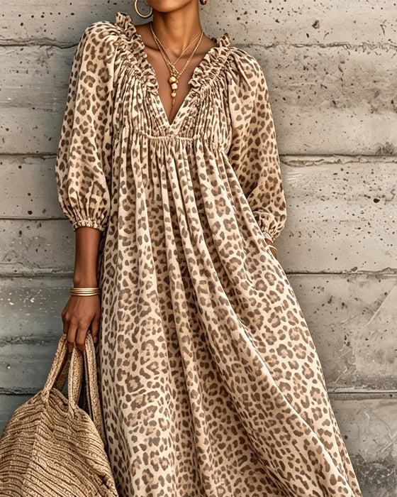 Leopard Print V-Neck Puff Sleeve Dress