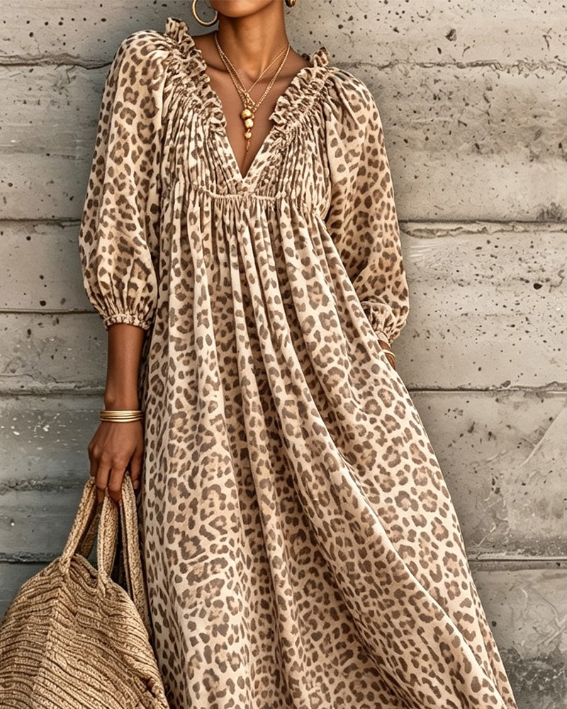 Leopard Print V-Neck Puff Sleeve Dress