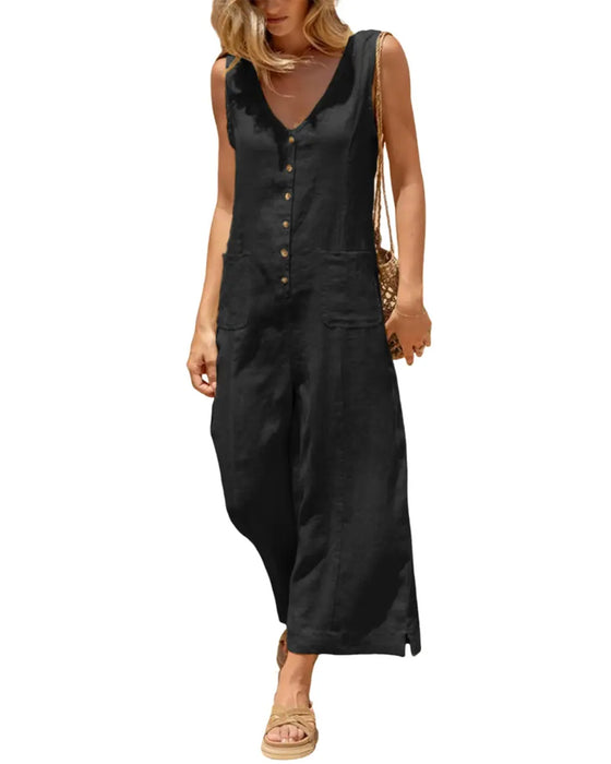 V-Neck Single-Breasted Sleeveless Jumpsuit
