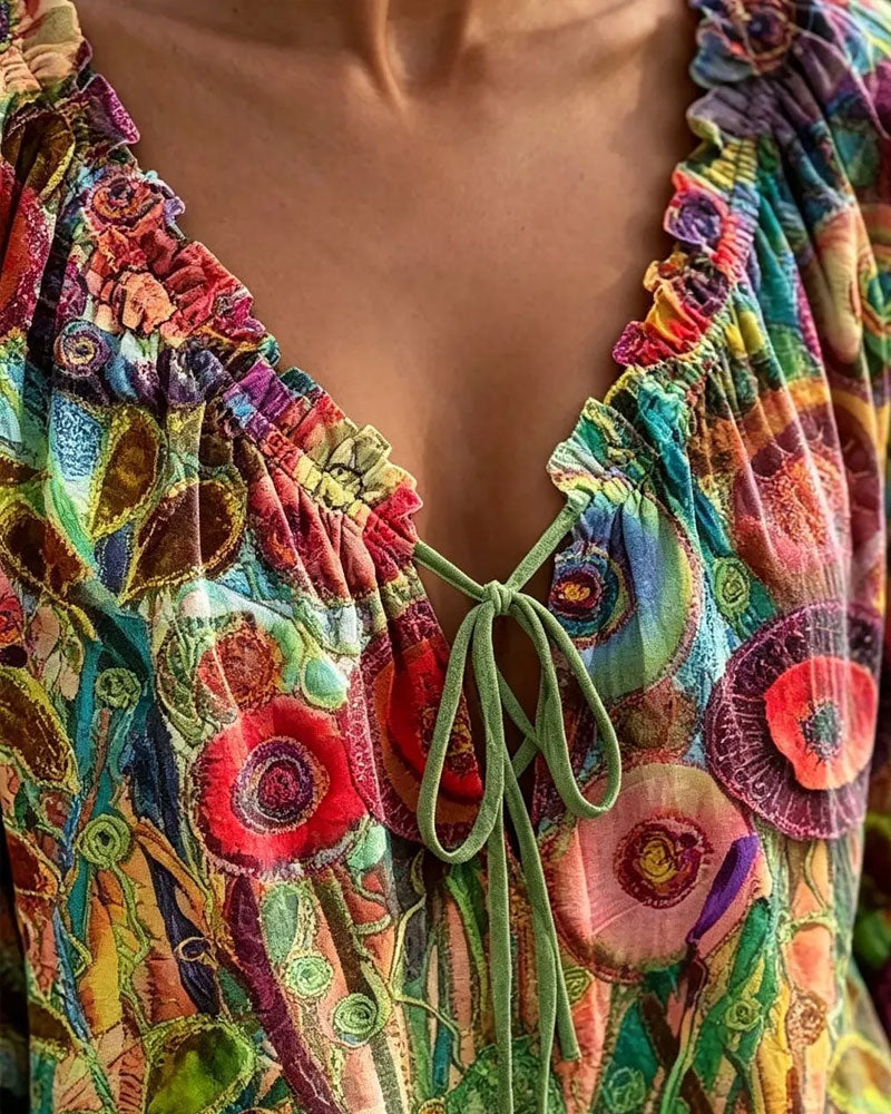 V-Neck Ruffle Puff Sleeve Tie Blouse