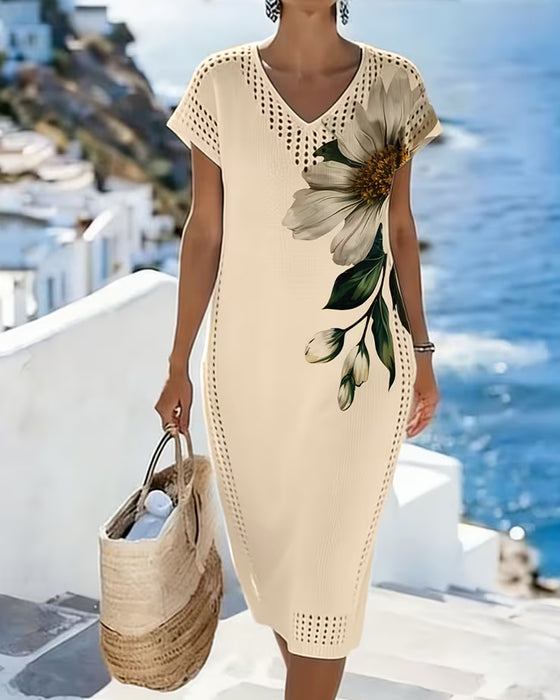 V-Neck Cutout Floral Fitted Dress